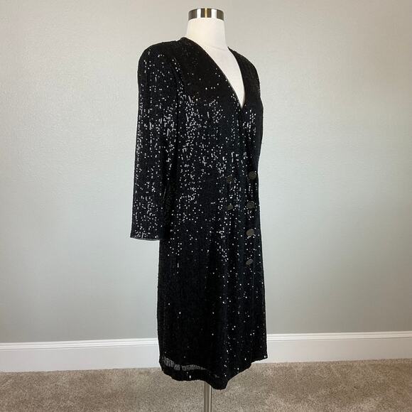 DKNY Black Sequined Long Sleeve Cocktail Dress Size 8 V-Neck Tuxedo Sheath - Picture 2 of 10